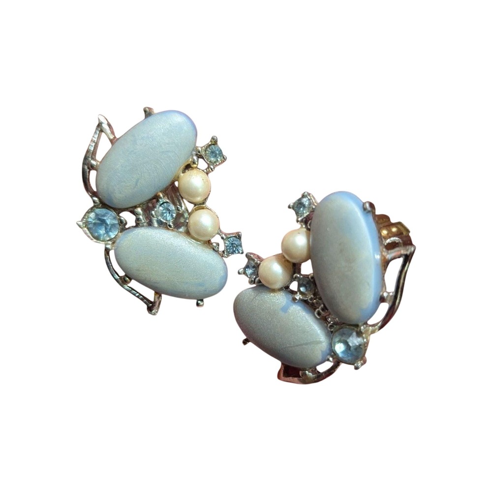 Vintage Clip-On Earrings W/ Blue Oval Cabochons Faux Pearls & Rhinestones On Sil